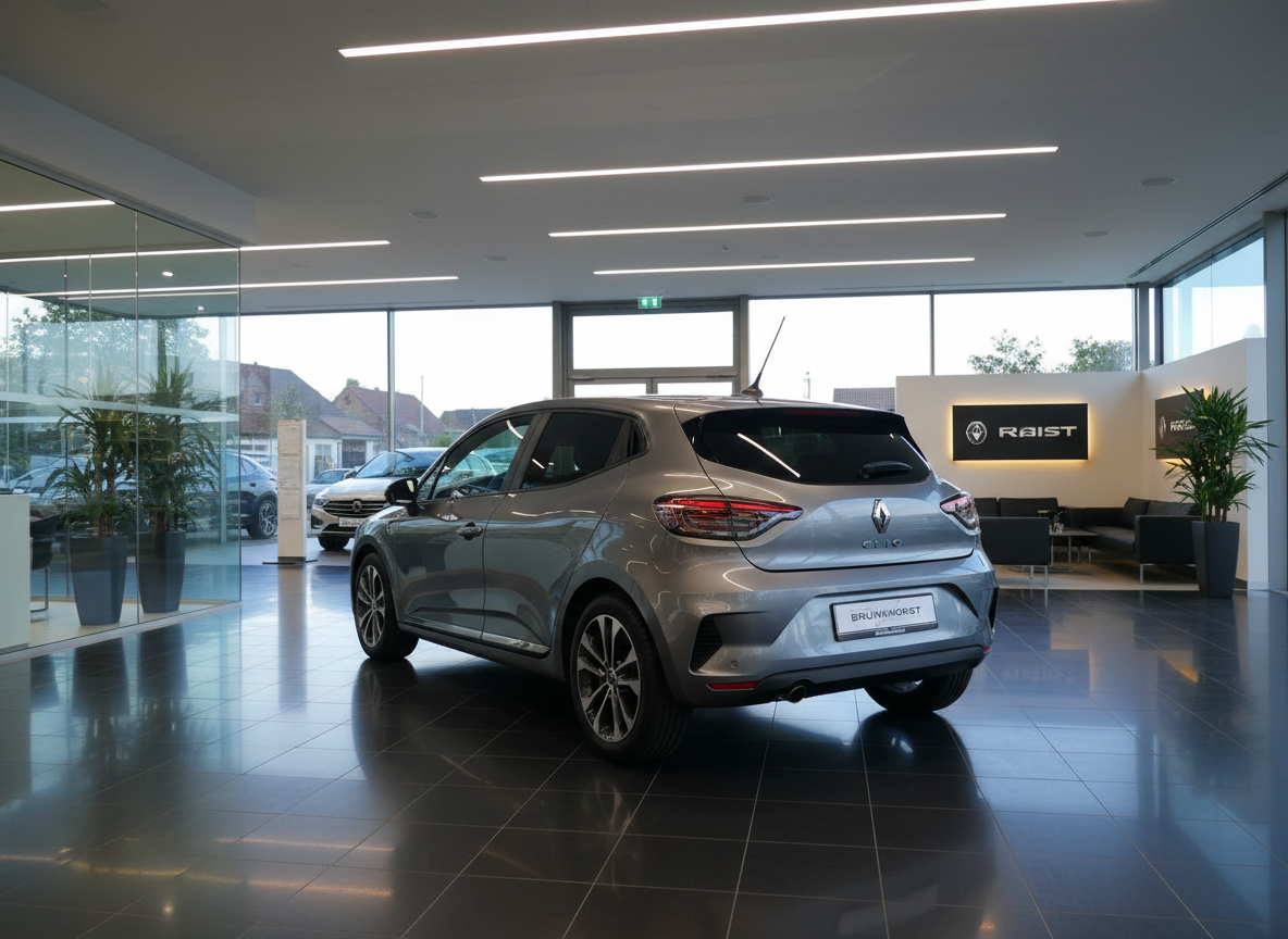 Grauer Renault Clio Heckansicht im modernen Autohaus Bruijn & Horst Showroom mit großen Glasfenstern und eleganter Beleuchtung