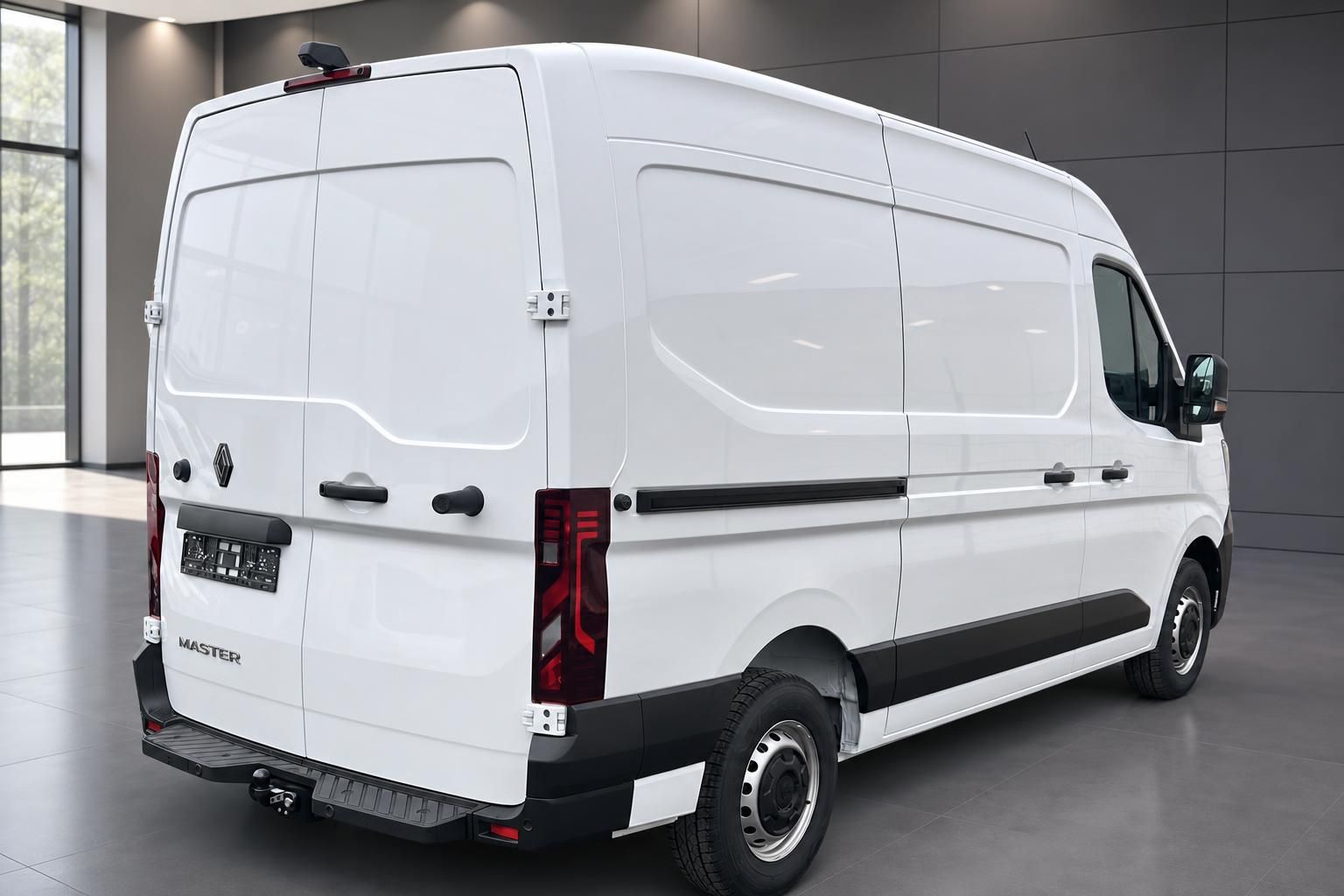 Weißer Renault Master Transporter Heckansicht im Showroom