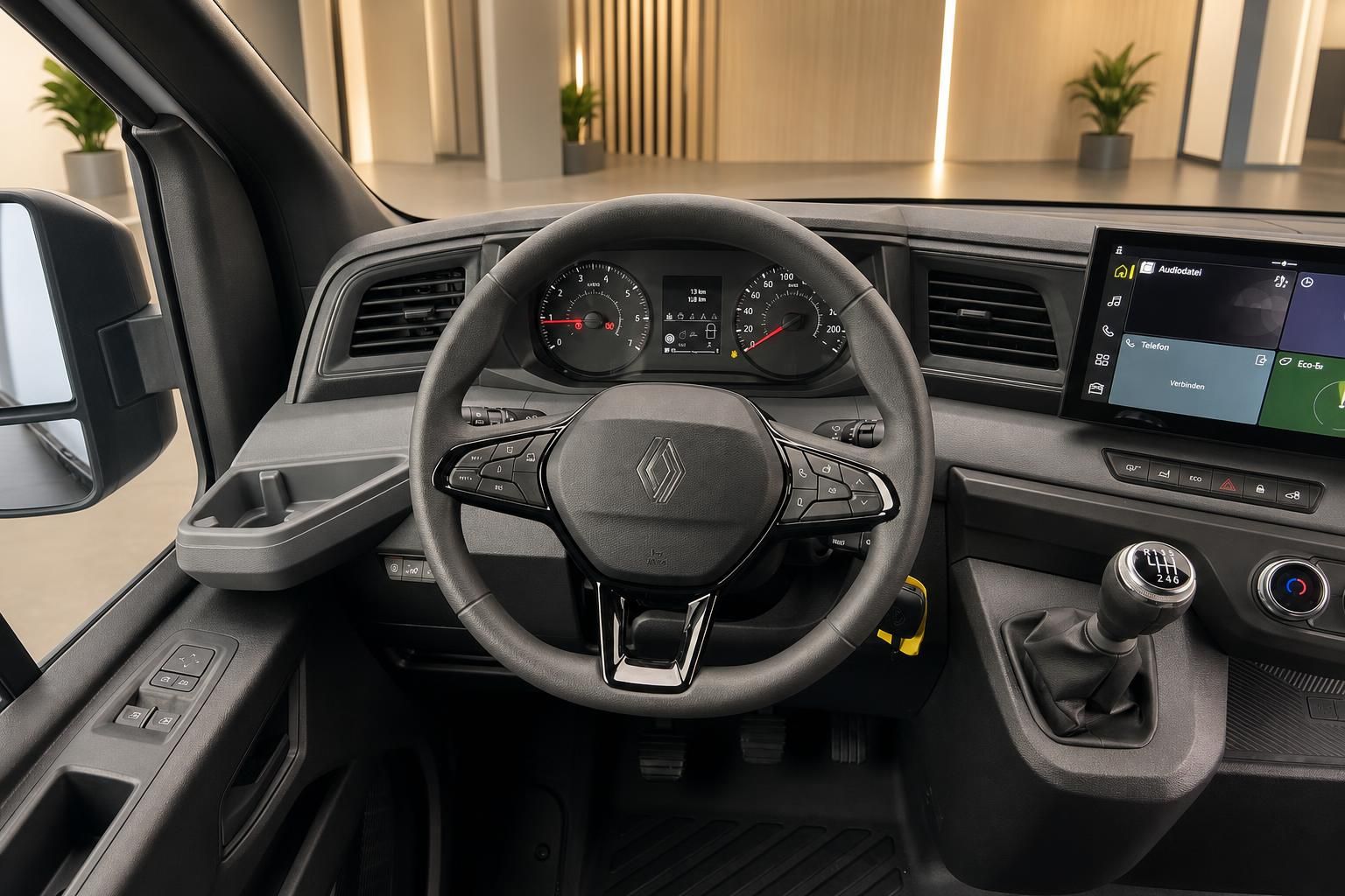 Fahrzeug Cockpit mit Lenkrad, Kombiinstrument und Infotainment-Display - modernes Renault Interior