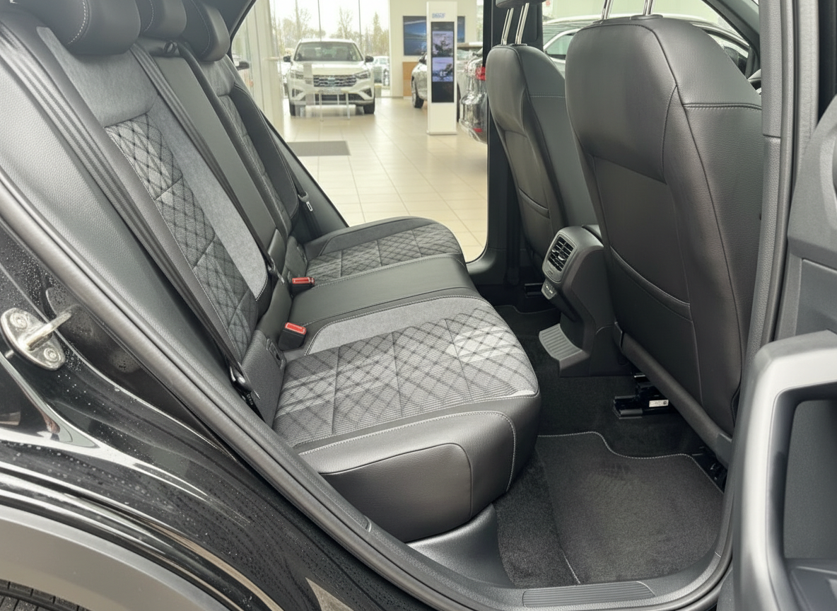 Schwarzes Fahrzeug Innenraum Rücksitzbank mit Rautenmuster-Polsterung und Leder im Autohaus