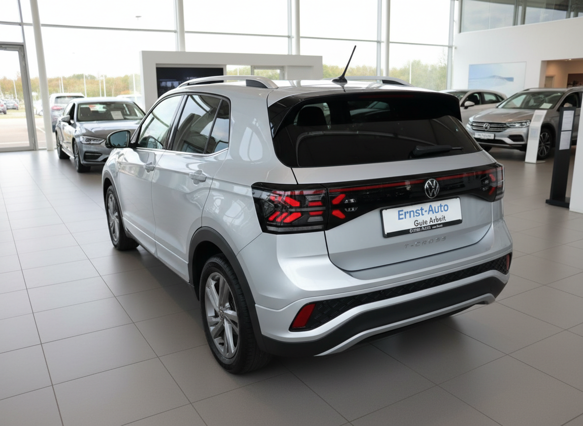 VW T-Cross in Silber Heckansicht im Autohaus Ernst-Auto