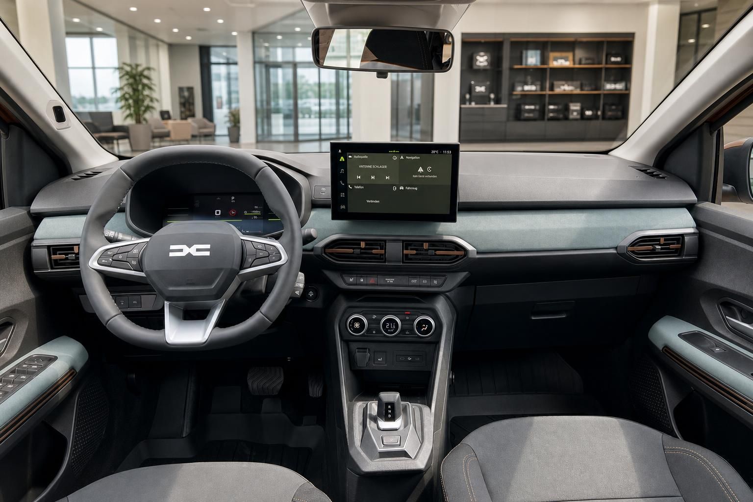 Modernes Armaturenbrett mit Touchscreen Display und Lenkrad im Fahrzeuginnenraum