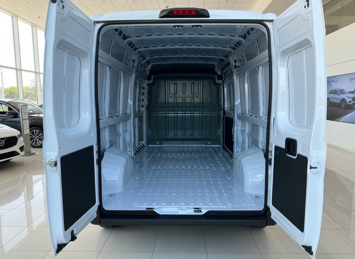 Weißer Transporter Laderaum geöffnet – großer leerer Cargo-Van im Autohaus