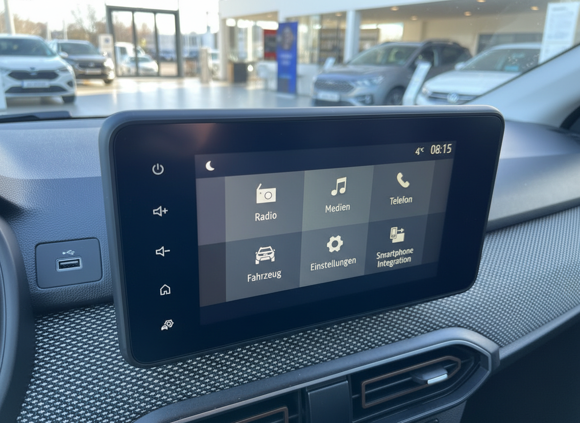 Infotainment-Touchscreen im Fahrzeuginnenraum mit Radio, Medien, Telefon und Smartphone Integration