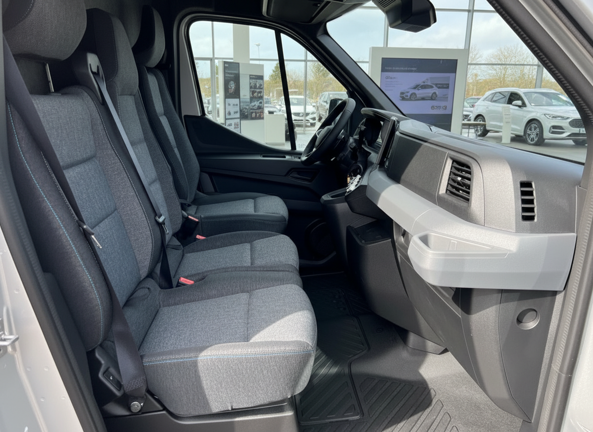 VW Crafter Innenraum mit Dreisitzer-Vorderbank und modernem Cockpit in grauem Stoffbezug