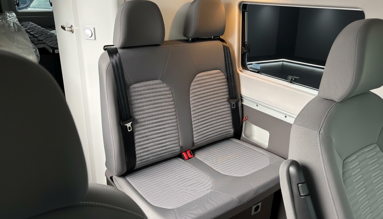 Fahrzeuginnenraum mit grauer Zweierbank, Sicherheitsgurten und Overhead-Staufach