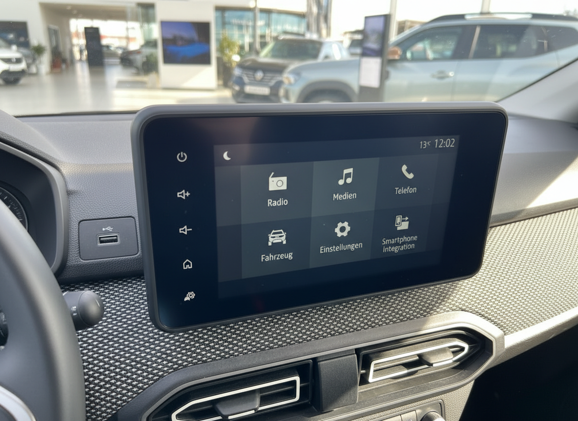 Dacia Infotainment-Touchscreen mit Radio, Medien, Telefon und Smartphone-Integration im Innenraum
