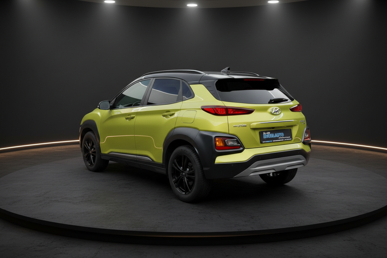 Hyundai Kona in Gelbgrün mit schwarzem Dach, Heckansicht im Fotostudio