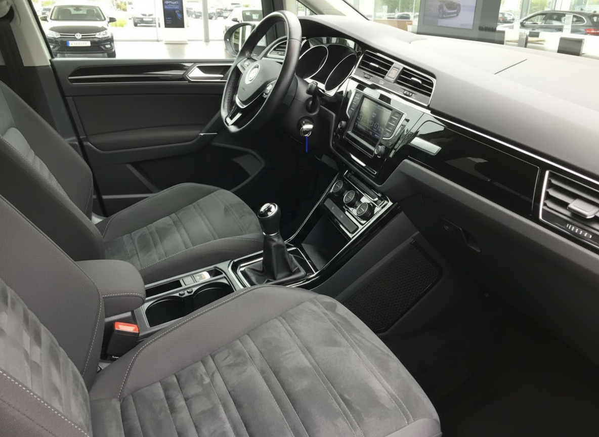 VW Tiguan Innenraum mit Alcantara-Sitzen, Schaltgetriebe und Touchscreen-Infotainment