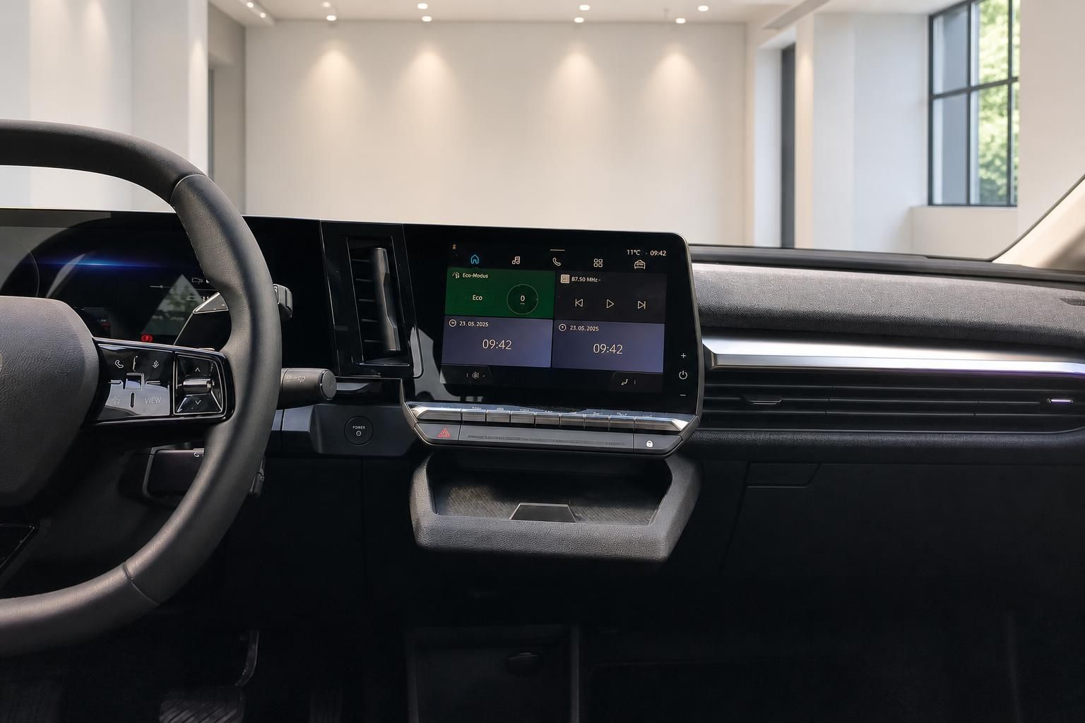 Fahrzeug-Armaturenbrett mit Touchscreen, Lenkrad und modernem Infotainment-System