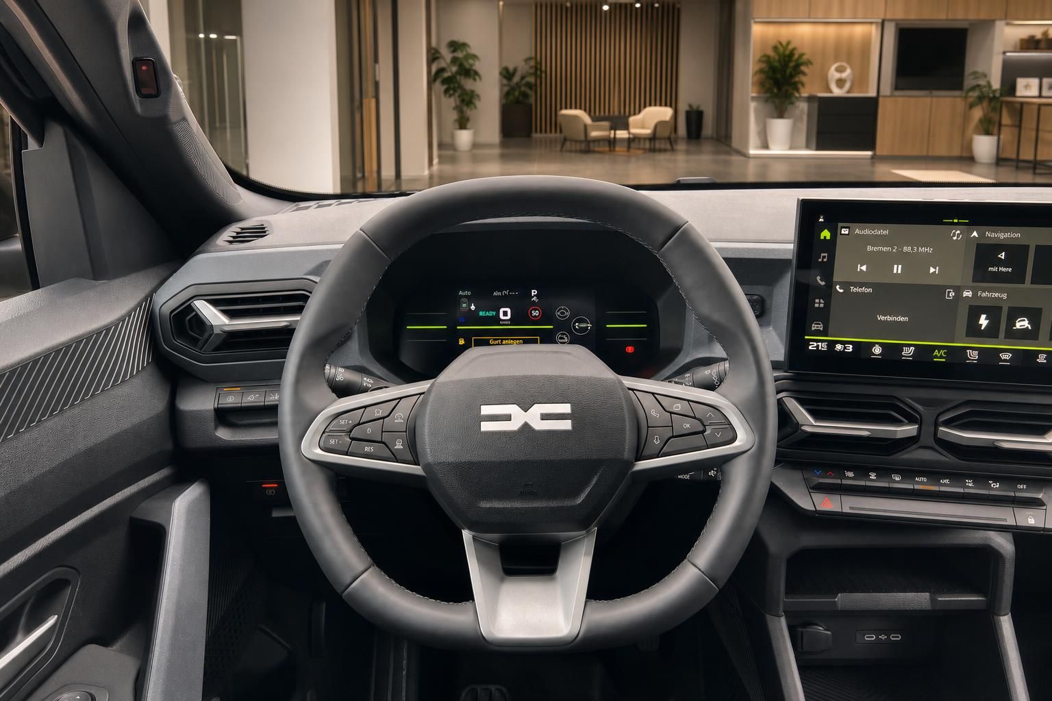 Dacia Lenkrad mit Logo und digitales Cockpit mit Touchscreen-Infotainmentsystem