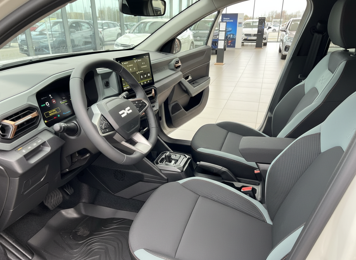 Innenraum eines modernen Elektroautos mit digitalem Cockpit, hellem Leder und großem Touchscreen im Autohaus