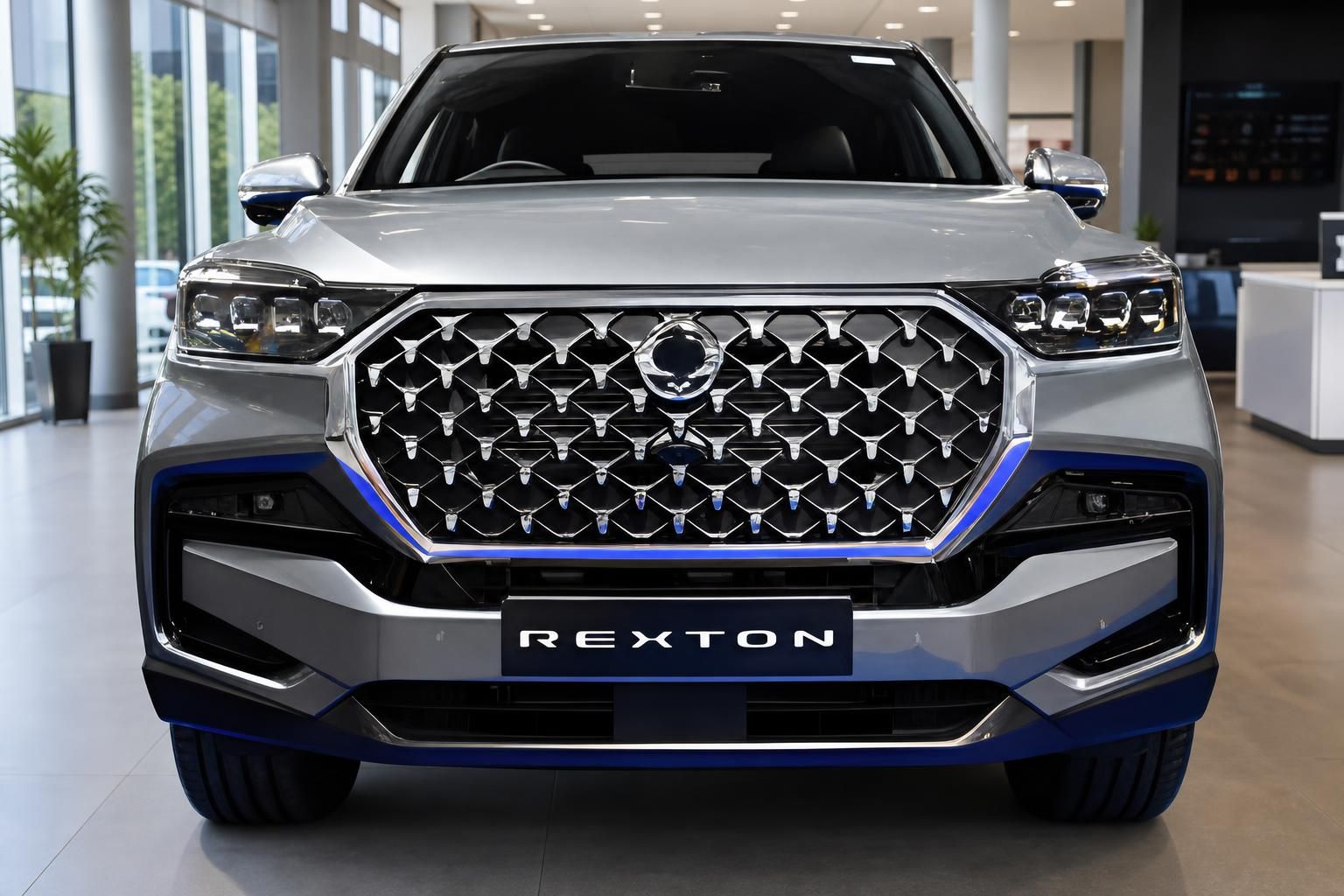 SsangYong Rexton silber-blau Frontansicht mit Chromgrill im Autohaus