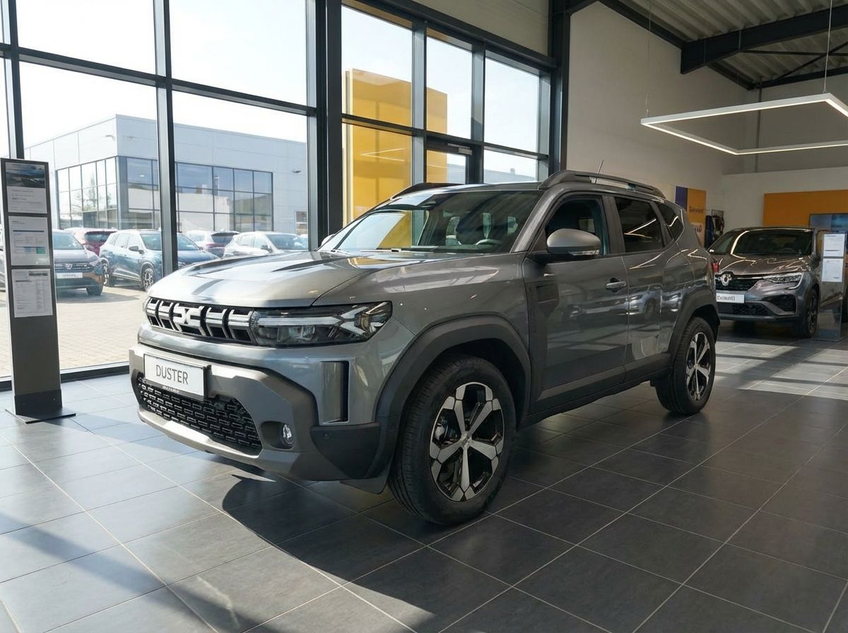 Dacia Duster 3. Generation grau metallic im Autohaus Showroom – SUV Neufahrzeug