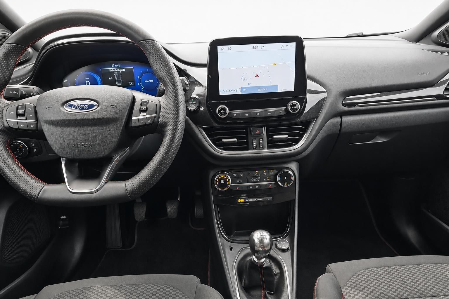 Ford Puma Cockpit mit Lenkrad, Navigationssystem und Mittelkonsole