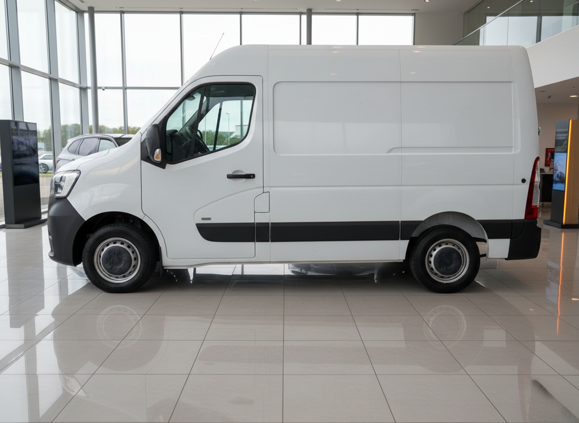 Weißer Renault Master Kastenwagen Hochdach in Autohaus-Ausstellung, Seitenansicht
