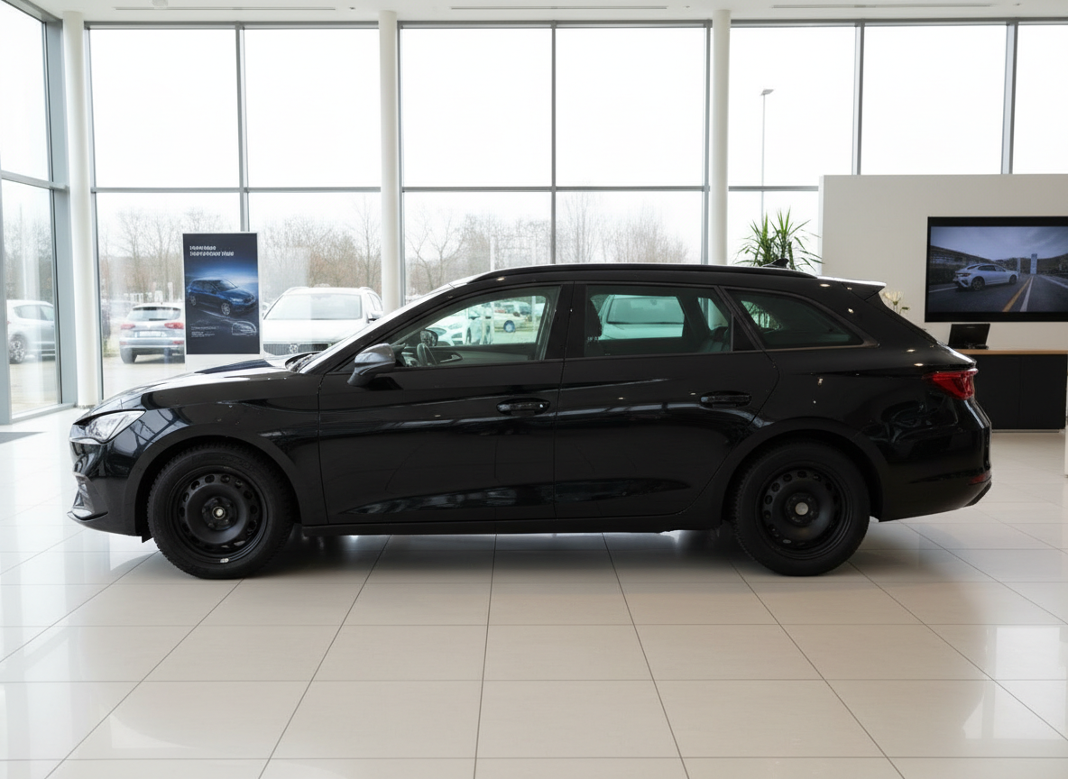 Schwarzer Skoda Octavia Kombi in Autohaus-Ausstellung, Seitenansicht