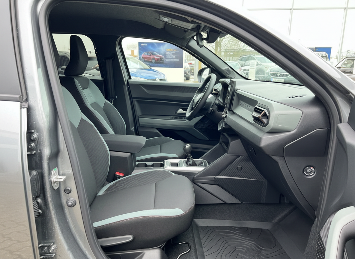 Innenraum eines modernen SUV mit schwarzen Sportsitzen und mintfarbenem Akzent, Mittelkonsole mit Schaltgetriebe