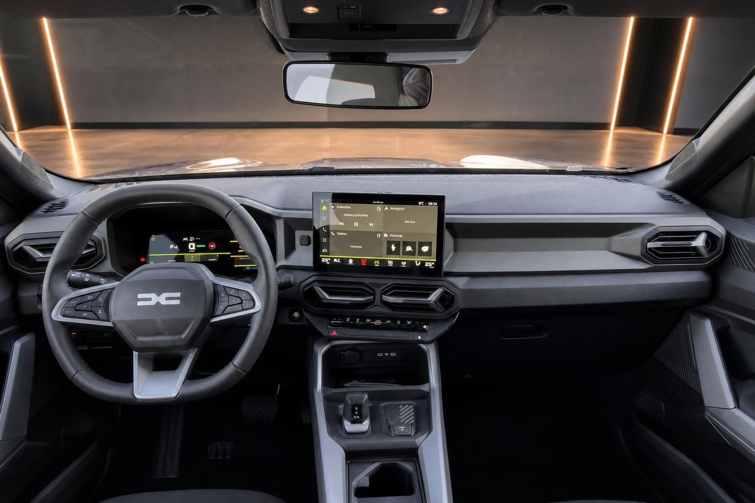 Modernes Fahrzeug-Cockpit mit digitalem Display und elegantem Armaturenbrett in grauer Ausstattung
