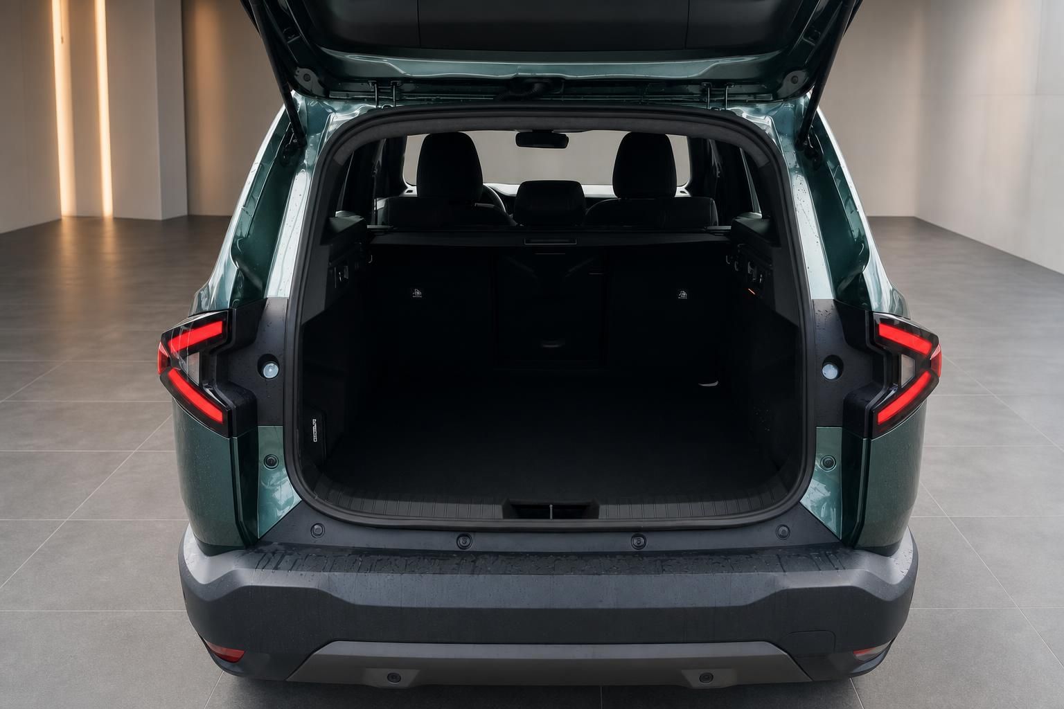 Dacia SUV grün – geöffneter Kofferraum mit großem Laderaum von hinten