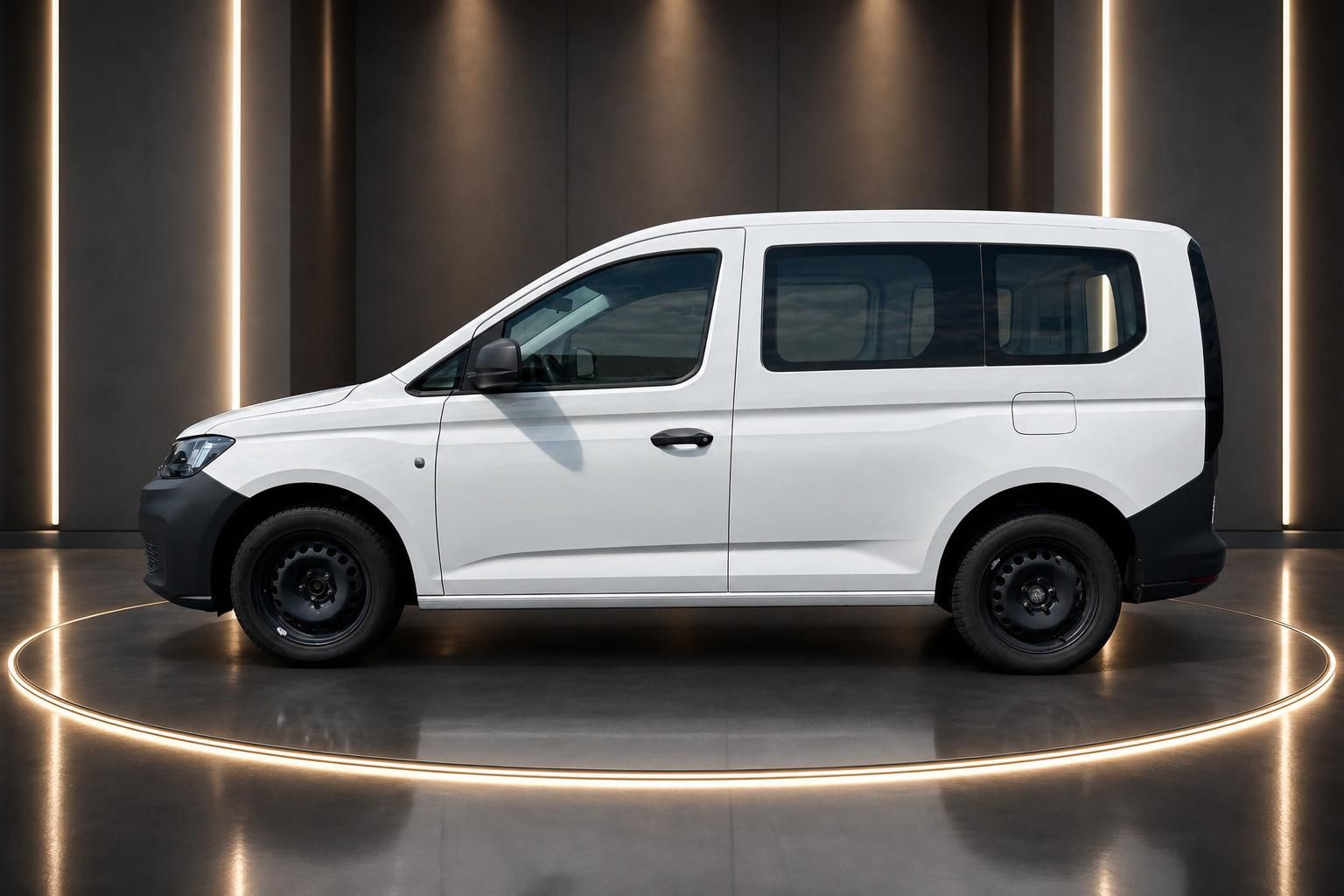Volkswagen Caddy weiss Transporter Seitenansicht links Profil mit Fenstern und schwarzen Felgen