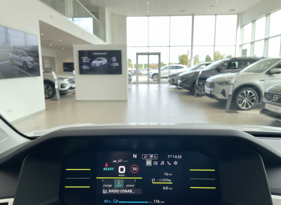 Hyundai Elektrofahrzeug Innenraum digitales Cockpit Display mit 85% Ladezustand und 176 km Reichweite im Autohaus