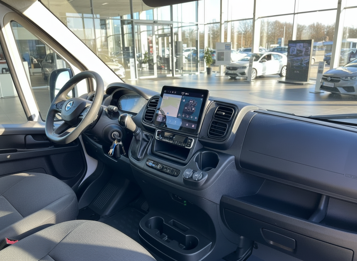 Opel Movano Innenraum mit Touchscreen-Infotainment, Lenkrad und Cockpit im Autohaus