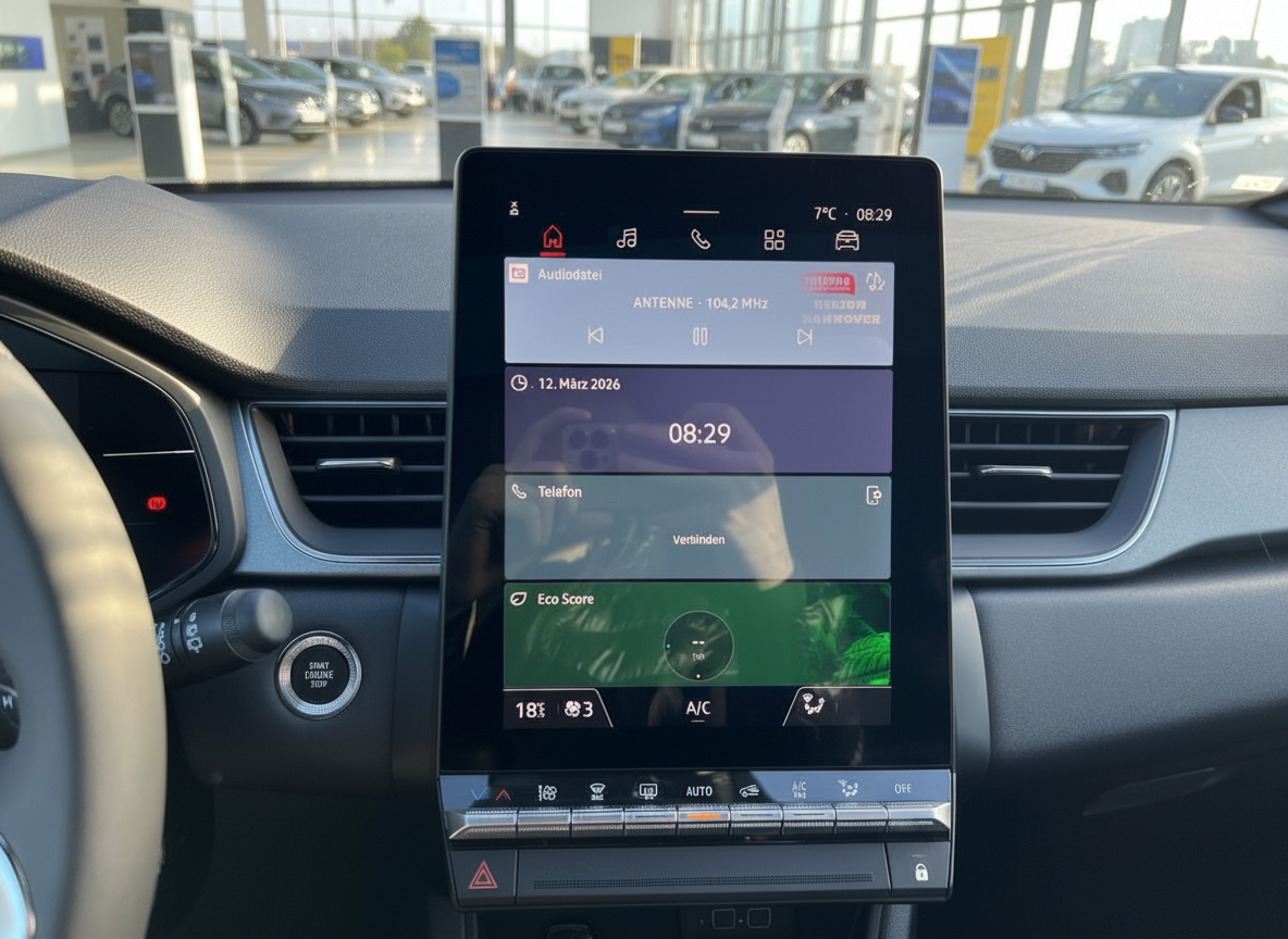 Renault Infotainment-Display mit OpenR Link Touchscreen im Innenraum eines Händlerfahrzeugs