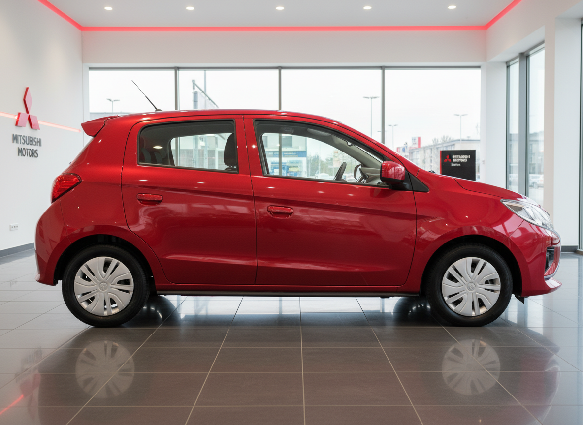 Roter Mitsubishi Mirage Fünftürer Kleinwagen im Autohaus-Showroom Seitenansicht