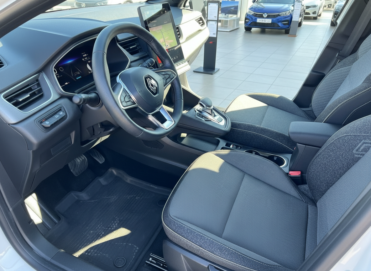 Renault Innenraum mit Lenkrad, Touchscreen-Navigation und grauen Stoffsitzen im Autohaus
