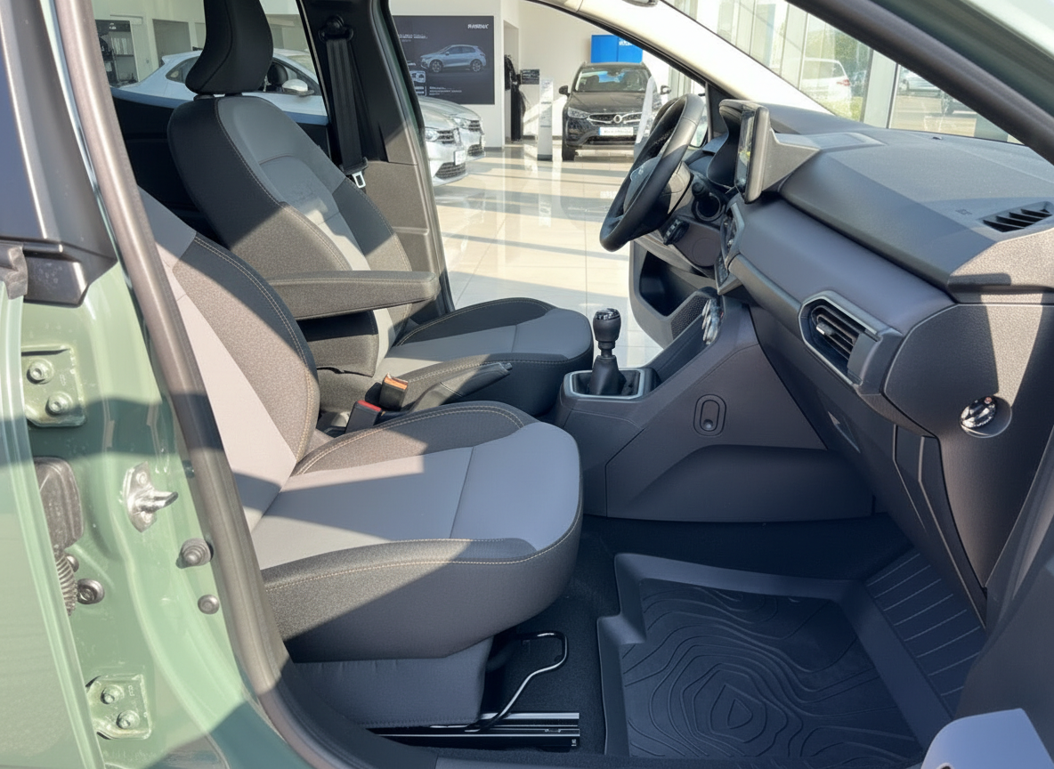 Dacia Innenraum mit Fahrer- und Beifahrersitz, Schaltgetriebe und modernem Armaturenbrett in grauem Design