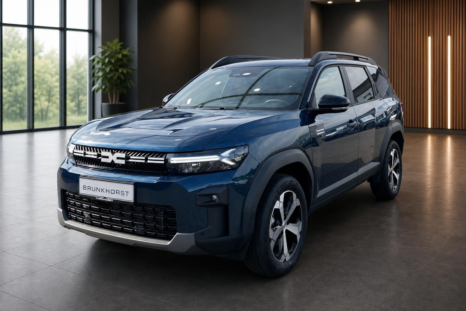 Dacia SUV in blau - Seitenansicht im Autohaus Showroom mit modernem Design