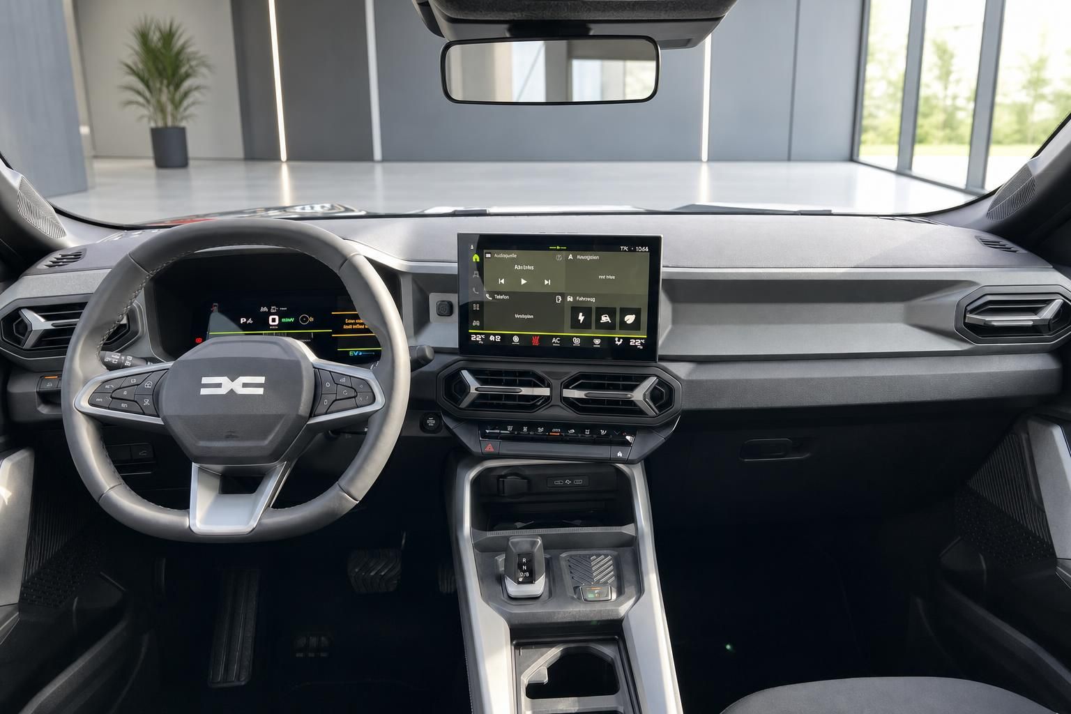 Moderner Fahrzeuginnenraum mit digitalem Cockpit, Touchscreen-Infotainment und elegantem Design