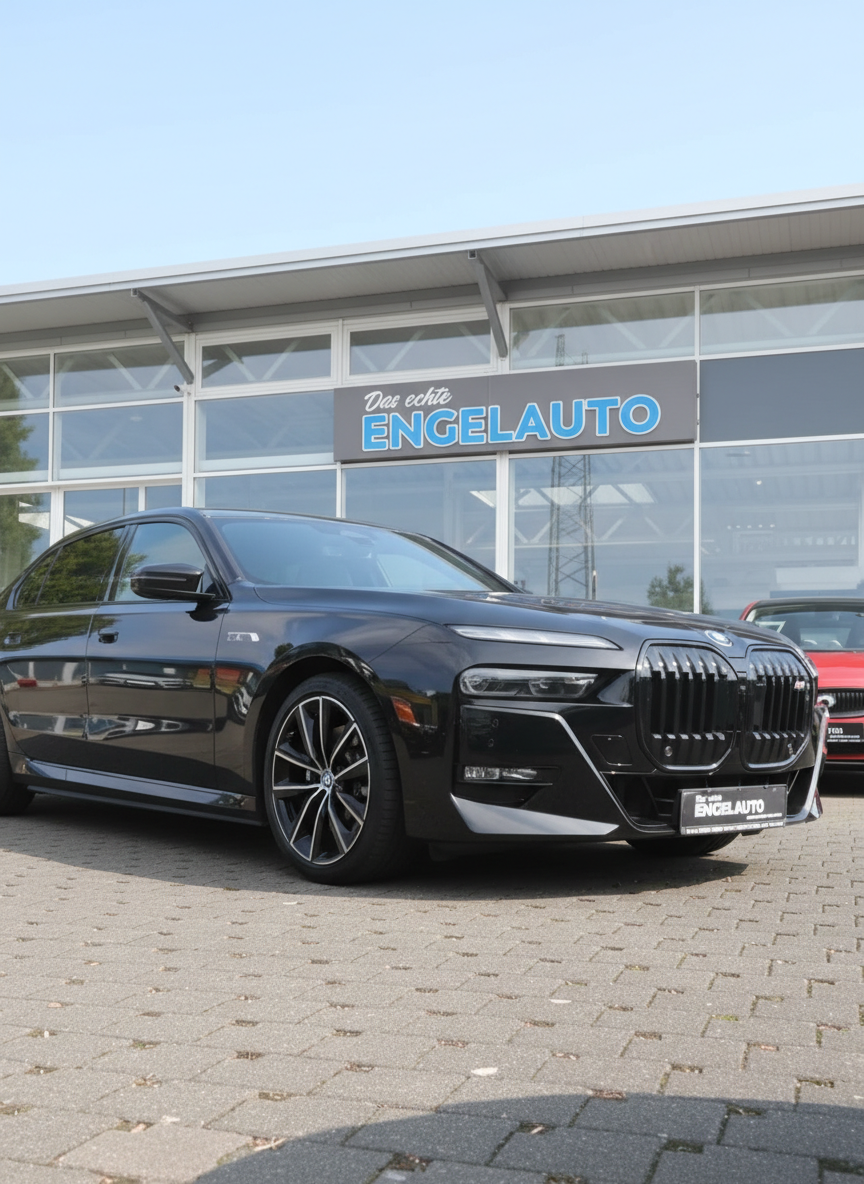Schwarzer BMW 7er Limousine vor Engelauto Autohaus