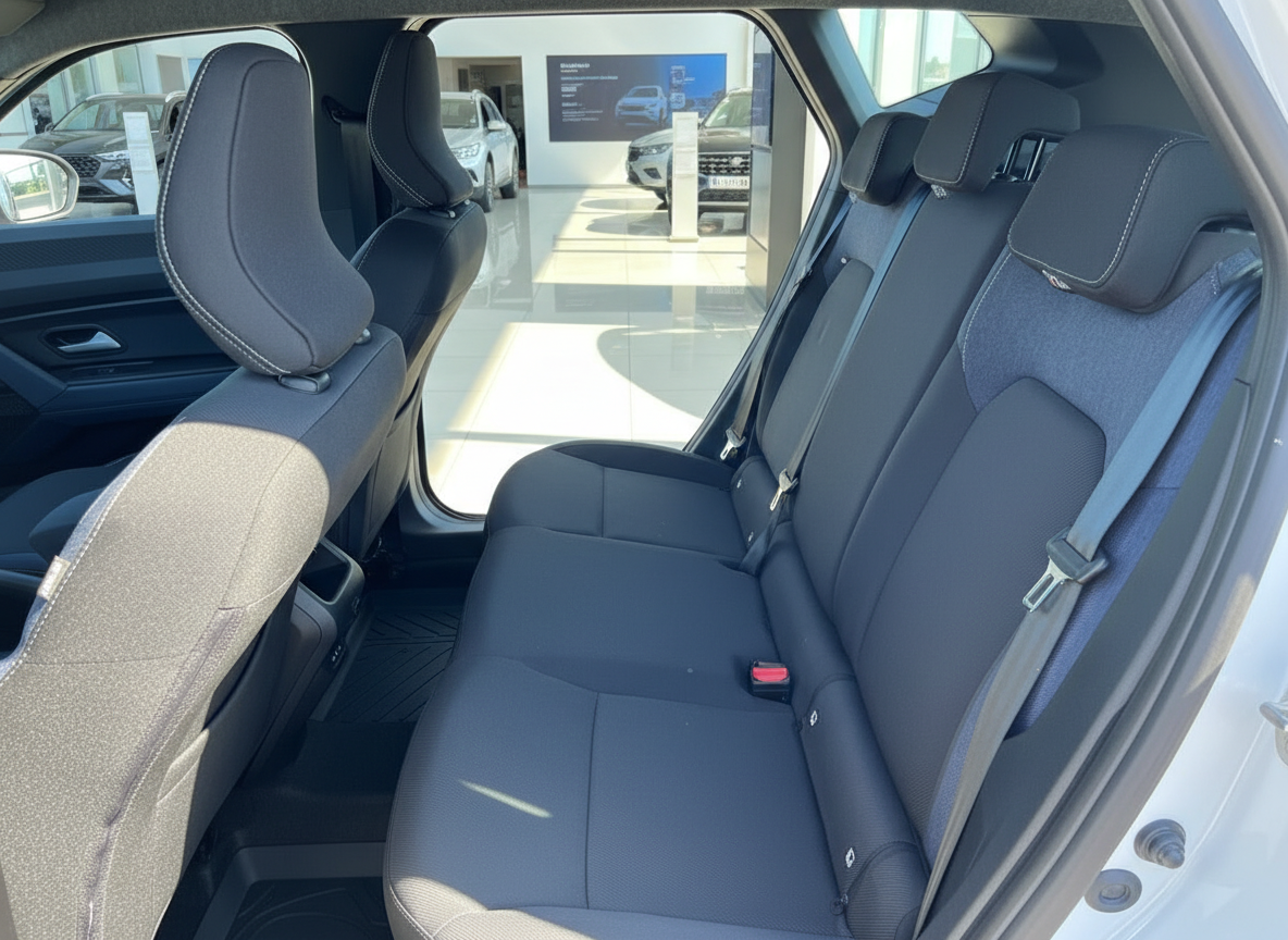 Fahrzeuginnenraum Rücksitzbank mit schwarzen Stoffsitzen und Sicherheitsgurten im Autohaus