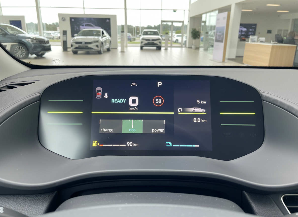 Digitales Kombiinstrument eines Elektrofahrzeugs mit Eco-Modus, 90 km Reichweite und Park-Stellung
