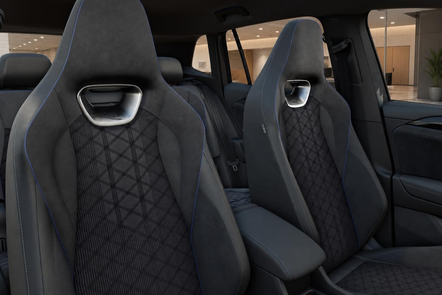 VW Tiguan Innenraum Sportsitze in Schwarz mit blauer Ziernaht