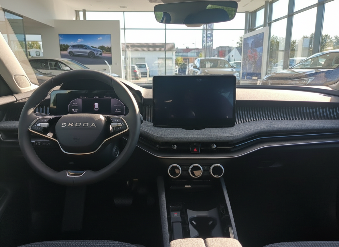 Skoda Innenraum Cockpit mit digitalem Tacho und Infotainment-Touchscreen im Autohaus