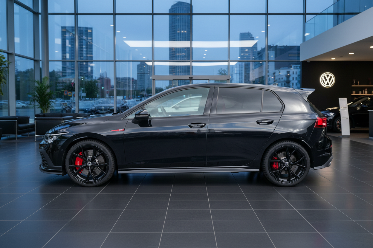 Schwarzer Volkswagen Golf GTI mit roten Bremsscheiben und schwarzen Felgen im VW Autohaus Showroom mit Glasfassade und Stadtpanorama im Hintergrund