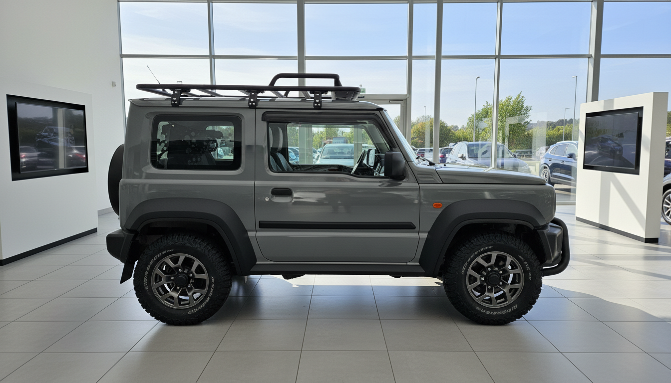 Grauer Suzuki Jimny Geländewagen mit schwarzem Dachträger und All-Terrain-Reifen in Autohaus-Showroom, Seitenansicht des kompakten 4x4 Offroad-SUV