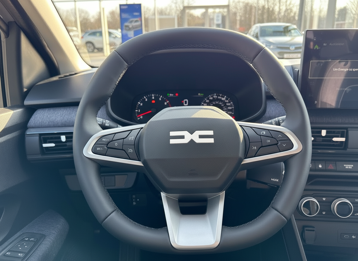 Dacia Innenraum Lenkrad mit neuem DC-Logo und digitales Kombiinstrument