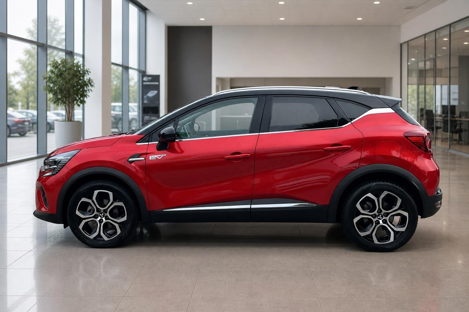 Roter Mitsubishi ASX PHEV Seitenansicht im Autohaus