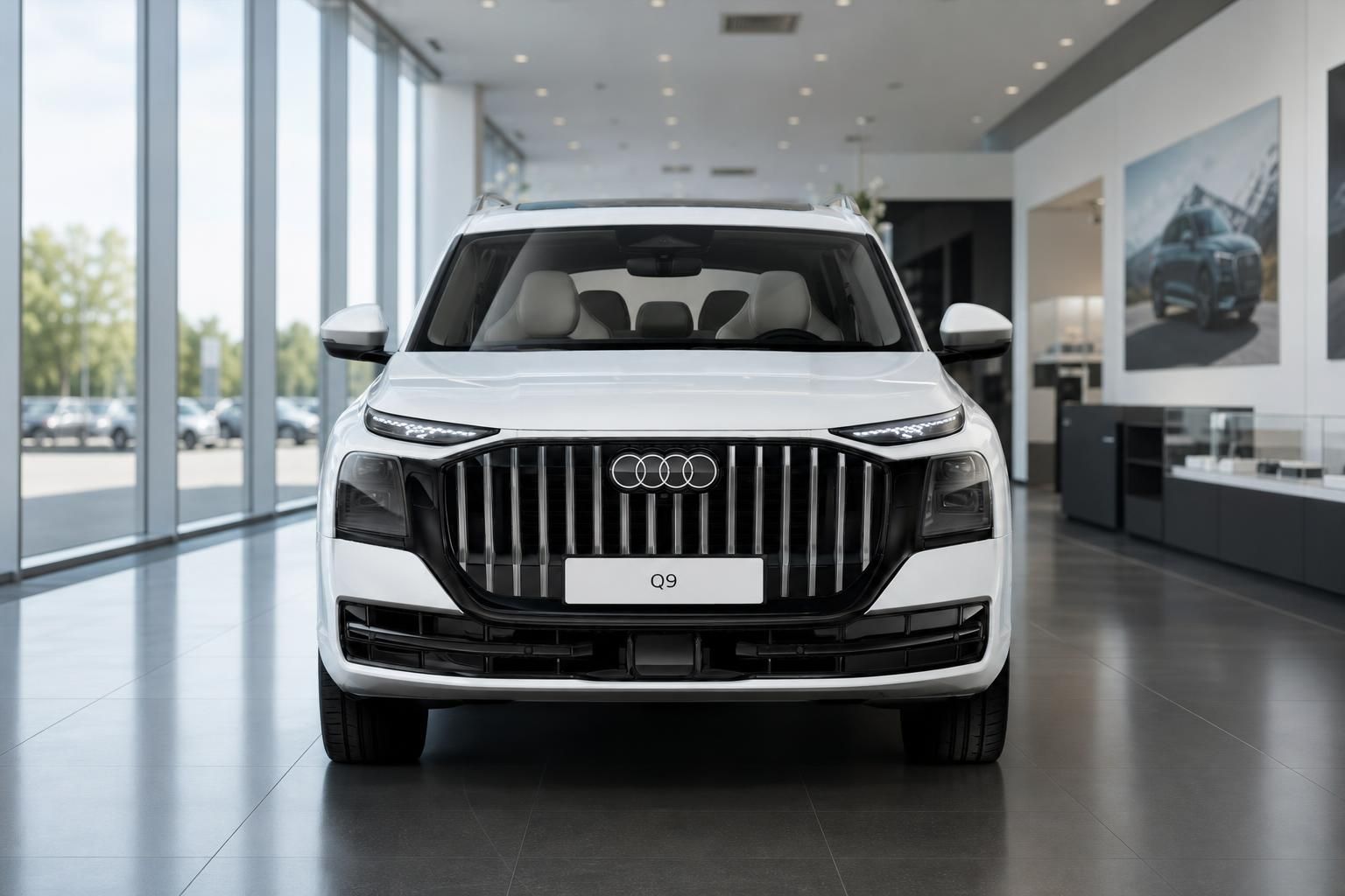 Audi Q9 weiß Frontansicht mit Kühlergrill im Autohaus Showroom