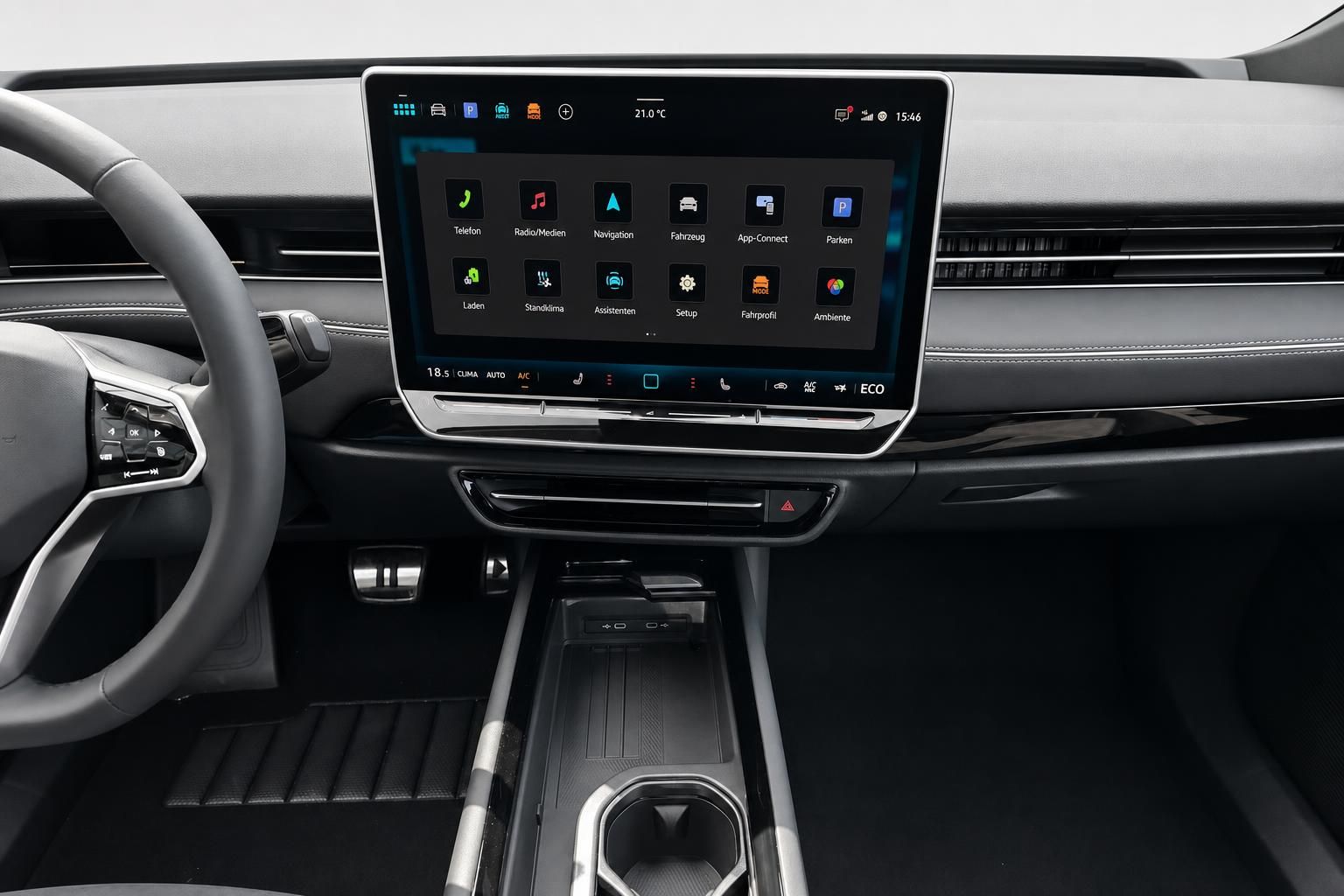 VW ID.7 Detailansicht Touchscreen Infotainment und Mittelkonsole
