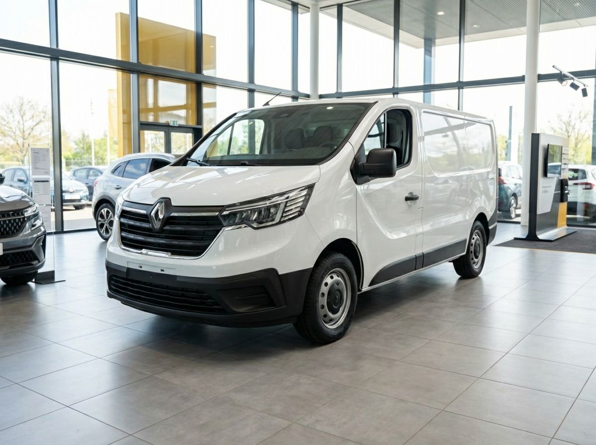 Weißer Renault Trafic Kastenwagen im Autohaus-Showroom