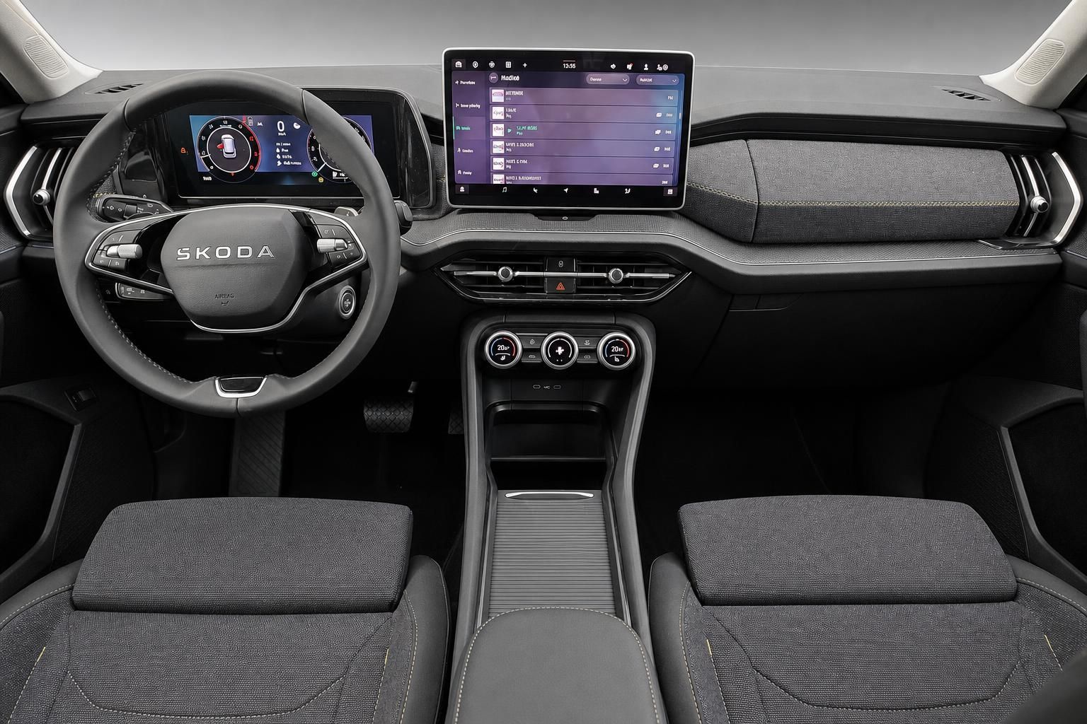 Skoda Cockpit mit Lenkrad, Digitaltacho und großem Touchscreen-Display