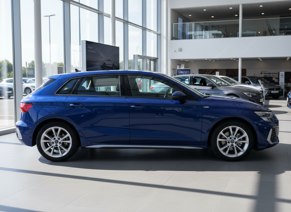 Audi A3 Sportback in Navarra-Blau metallic, Seitenansicht im Autohaus-Showroom