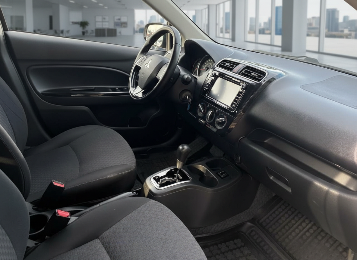 Mitsubishi Attrage Innenraum mit schwarzen Stoffsitzen, Automatikgetriebe und Touchscreen-Infotainment