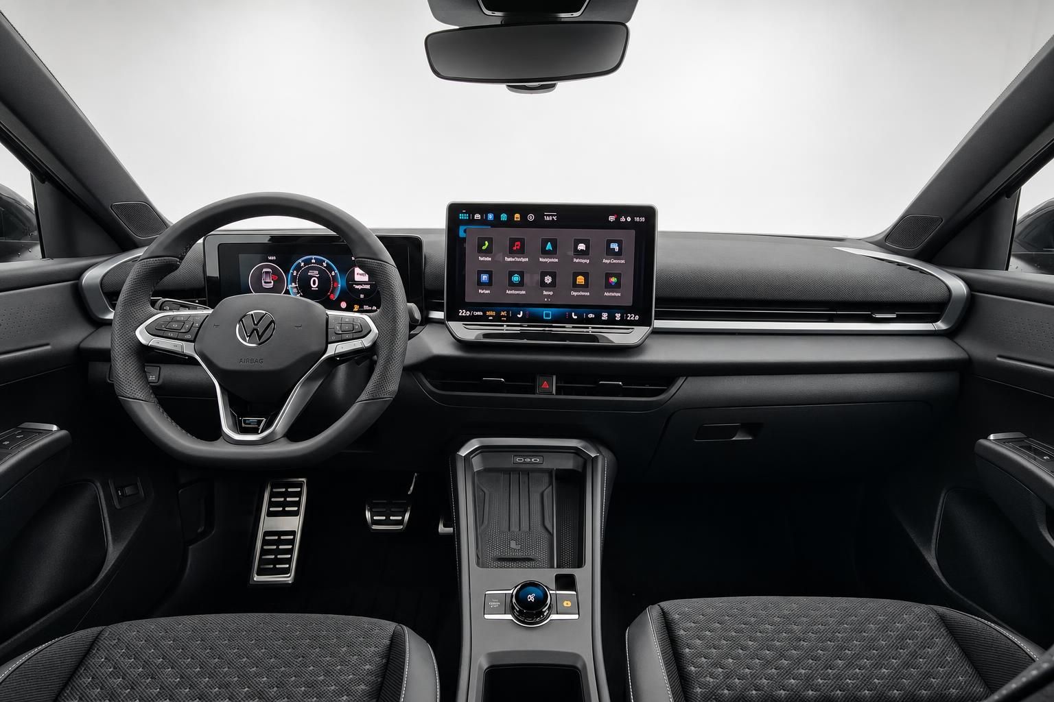VW Cockpit mit Lenkrad, Digitaldisplay und Infotainment-Touchscreen