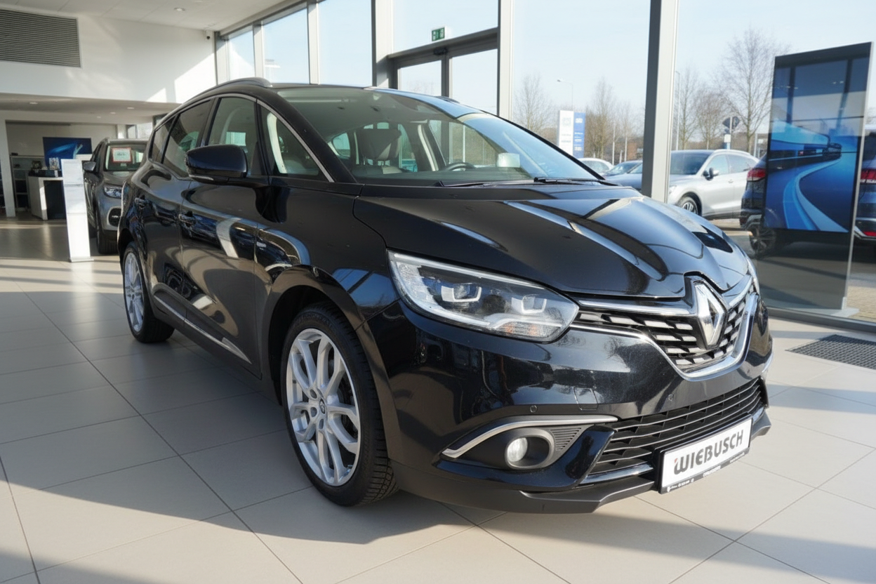 Schwarzer Renault Scenic Grand im Autohaus Wiebusch – Frontansicht im Showroom